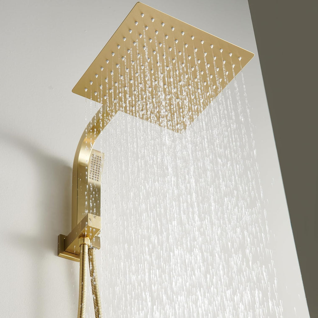 Brushed Gold Shower System with 10Inch Rain Shower Heads with Handheld Spray Combo, Gold Shower Faucet Set with Rain Shower and Handheld, Gold Shower Head and Handle Set(Shower Valve Kit Included)