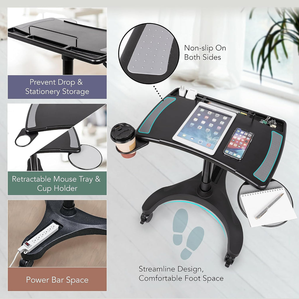 EHO Mobile Laptop Standing Desk Carts on Wheels with Stationery Storage, Pneumatic, Height Adjustable Rolling Stand, Sit to Stand Computer Cart, Workstation for Home, Office, Medical and School