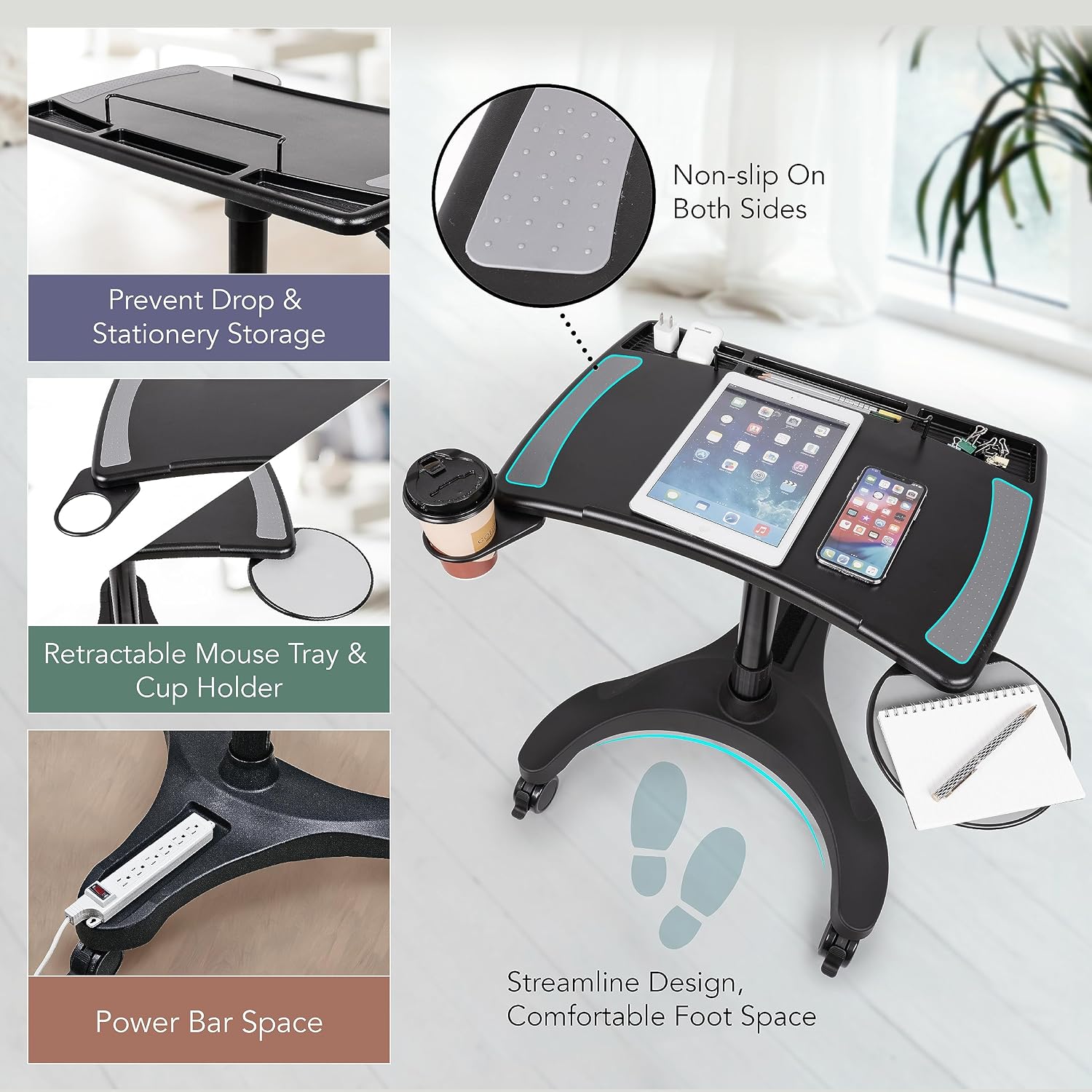EHO Mobile Laptop Standing Desk Carts on Wheels with Stationery Storage, Pneumatic, Height Adjustable Rolling Stand, Sit to Stand Computer Cart, Workstation for Home, Office, Medical and School