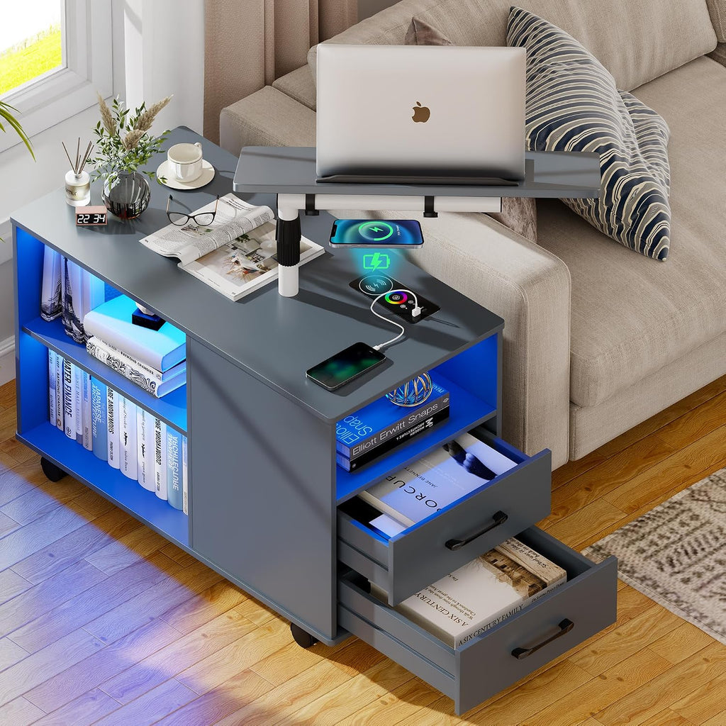 Set of 2 Night Stand with 360° Laptop Tray,Nightstand with Charging Station,Modern Bedside Table with 24-Color Human Sensor Lights,Large End Table w/ 2 Drawers,3 Shelves,5 Wheels,Grey