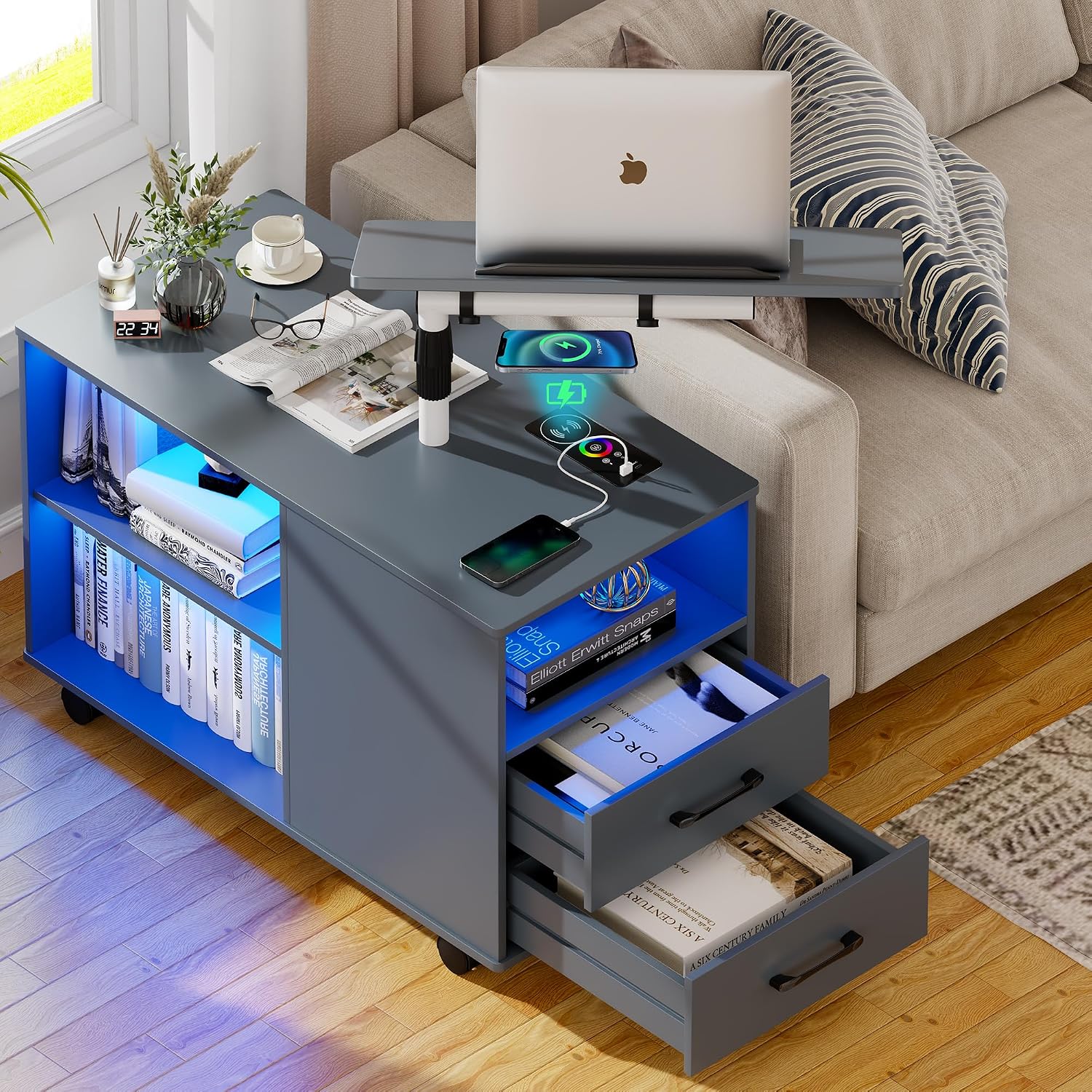Set of 2 Night Stand with 360° Laptop Tray,Nightstand with Charging Station,Modern Bedside Table with 24-Color Human Sensor Lights,Large End Table w/ 2 Drawers,3 Shelves,5 Wheels,Grey