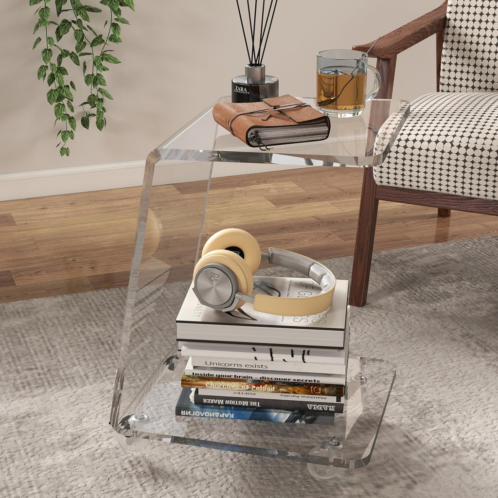 C Shaped Side Table for Sofa, Heavy Clear Acrylic Mobile End Table on Wheels, Modern Rolling Snack & Drink Use for Living Room & Bedroom, Space-Efficient Design with Sturdy Construction, 15mm Thick