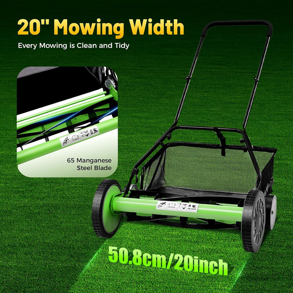 20' Push Reel Lawn Mower, Adjustable Heights Grass Cutter Machine, w/Collection Box, Push Reel Mower 5-Blade for Outdoor Garden Yard Grass Cutting (Green)