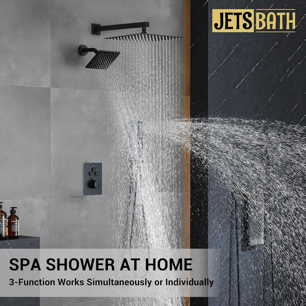 Thermostatic Dual Shower System with Wall Mount 12-Inch Rainfall Shower & 6-Inch Shower Head, Matte Black Bathroom Dual Shower Heads Faucet Set with High Pressure Handheld Sprayer