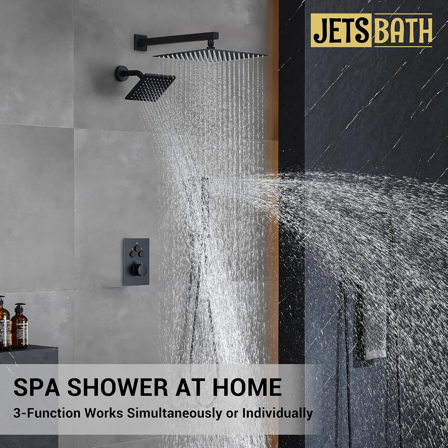 Thermostatic Dual Shower System with Wall Mount 12-Inch Rainfall Shower & 6-Inch Shower Head, Matte Black Bathroom Dual Shower Heads Faucet Set with High Pressure Handheld Sprayer