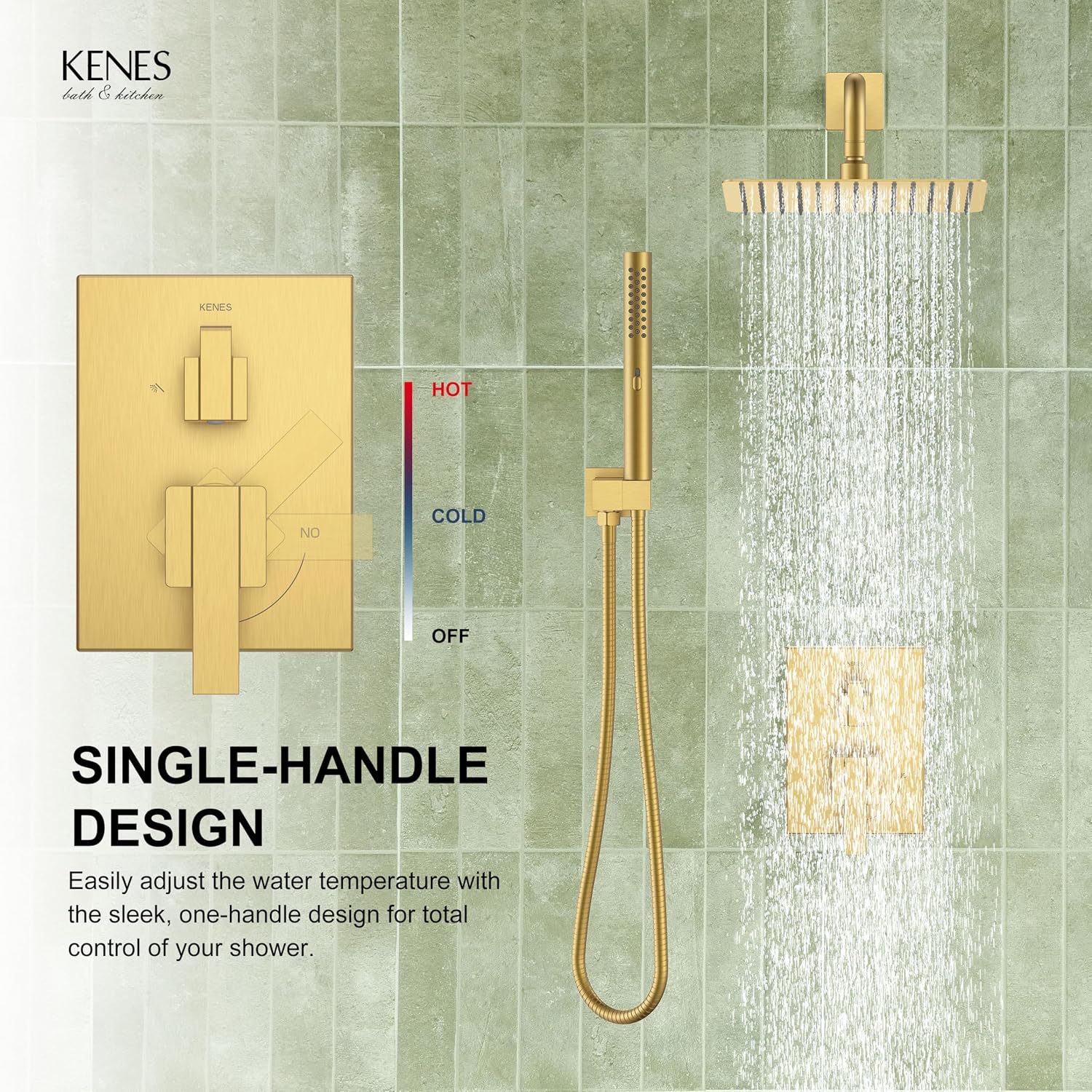 KENES Brushed Gold Rainfall Bathroom Shower System Rain Shower Head and Handle Set, Shower Faucet Set with 10-Inch Rain Showerhead and Handheld Spray, (Shower Valve Included), LJ-6026A-4