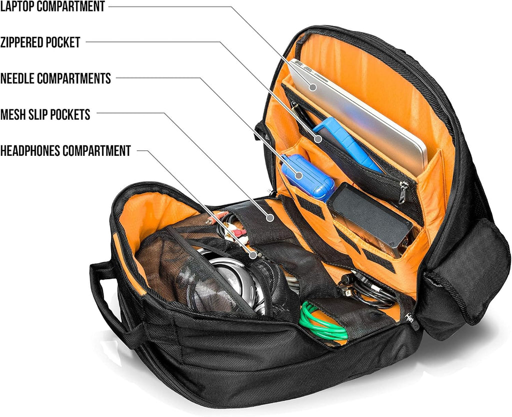 JetPack Prime DJ Backpack for DVS, Mobile, or Club Gigs, Bag Carry Mixers S9, 62, etc., Laptop, Stand, Tablet, Headphone, Vinyl Records, USB Mobile Devices, Needle Case, Cables, Microphone & More