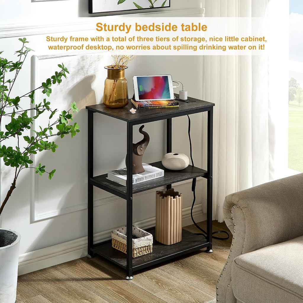 VECELO Tall End Table with Charging Station, Side Table with USB Ports and Outlets, 30' Height Nightstand with 3-Tier Storage Shelf for Living Room Bedroom Office Hallway Study