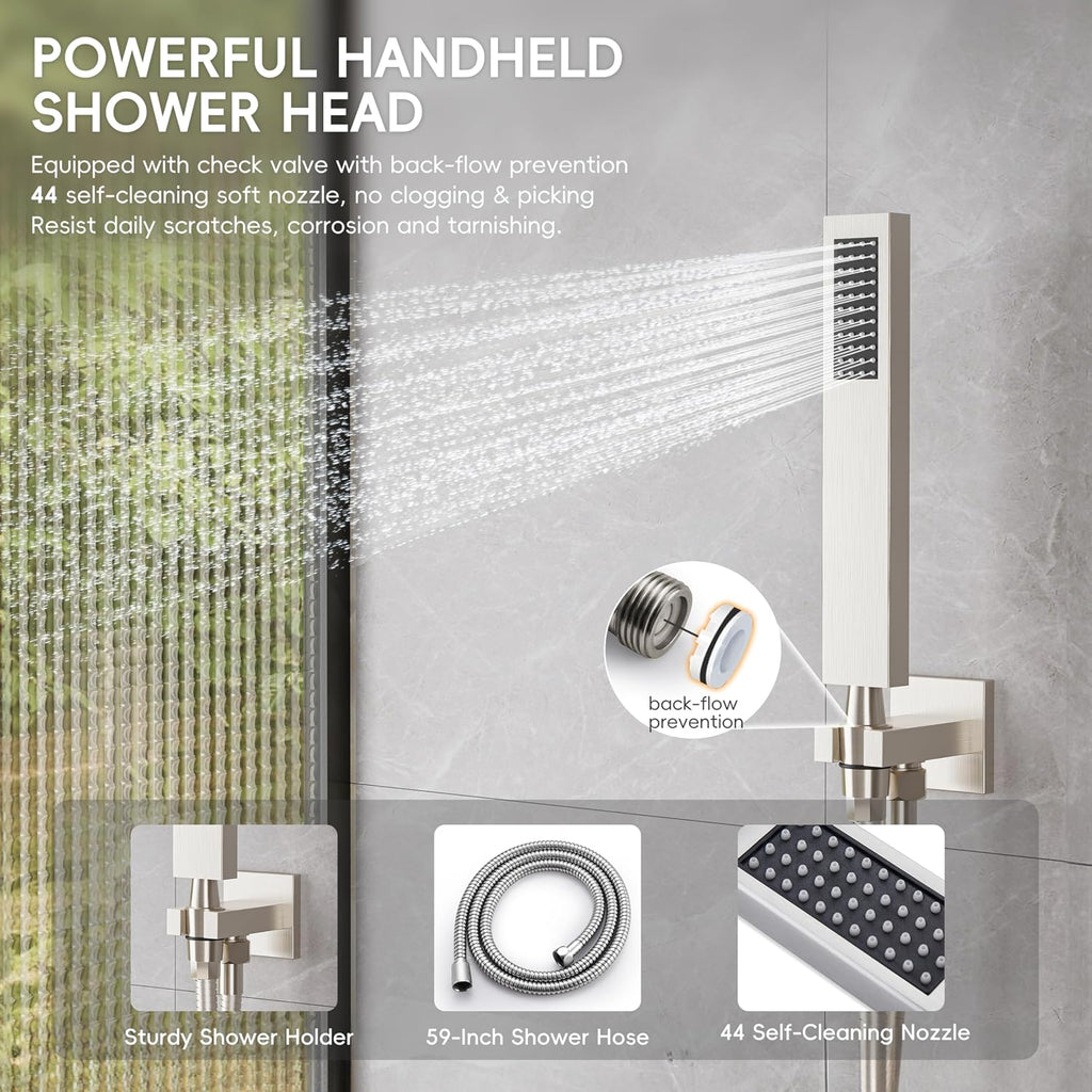 Alesco Shower Faucet Set, Brushed Nickel Shower System with 12-Inch High-Pressure Rainfall Showerheads and Handheld Spray combo, Showerfixture Include Valve and Trim Kit, Brushed Nickel