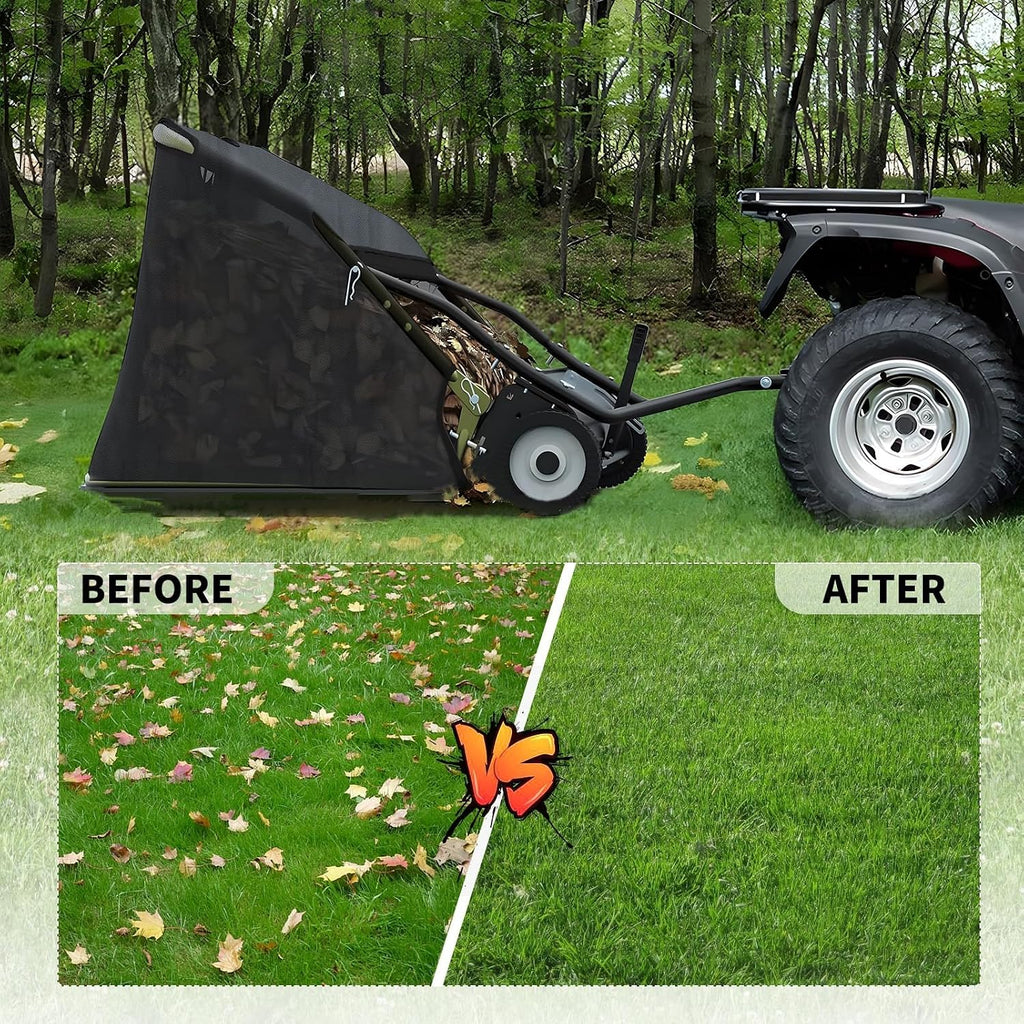 44 Inch Tow Behind Lawn Sweeper - Heavy Duty Adjustable Height Pull Behind Lawn Sweeper, 25Cu Ft Large Capacity Leaf & Grass Collector Hopper for Yard, Lawn, Farm Cleanup Tool