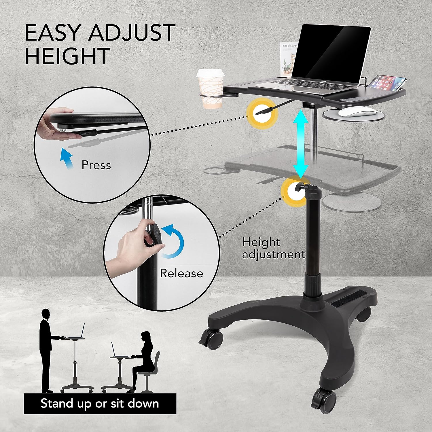 EHO Mobile Laptop Standing Desk Carts on Wheels with Stationery Storage, Pneumatic, Height Adjustable Rolling Stand, Sit to Stand Computer Cart, Workstation for Home, Office, Medical and School