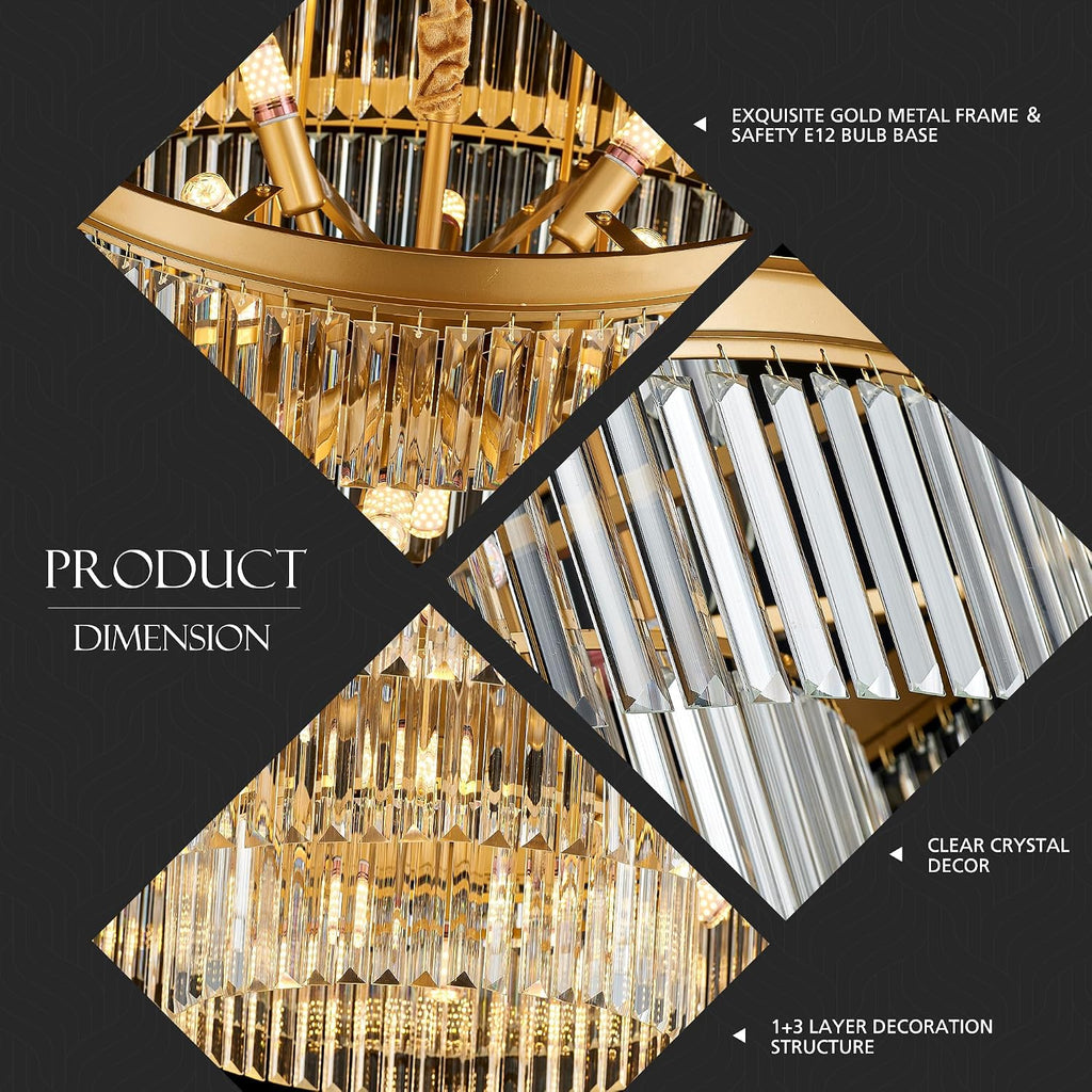 31.5' 18-Light Modern Crystal Chandelier Light Fixture Large 4-Tier Gold Luxury Glam Chandeliers for Dining Room Round Hanging Pendant Lighting for Living Room Kitchen Bedroom Foyer Lobby