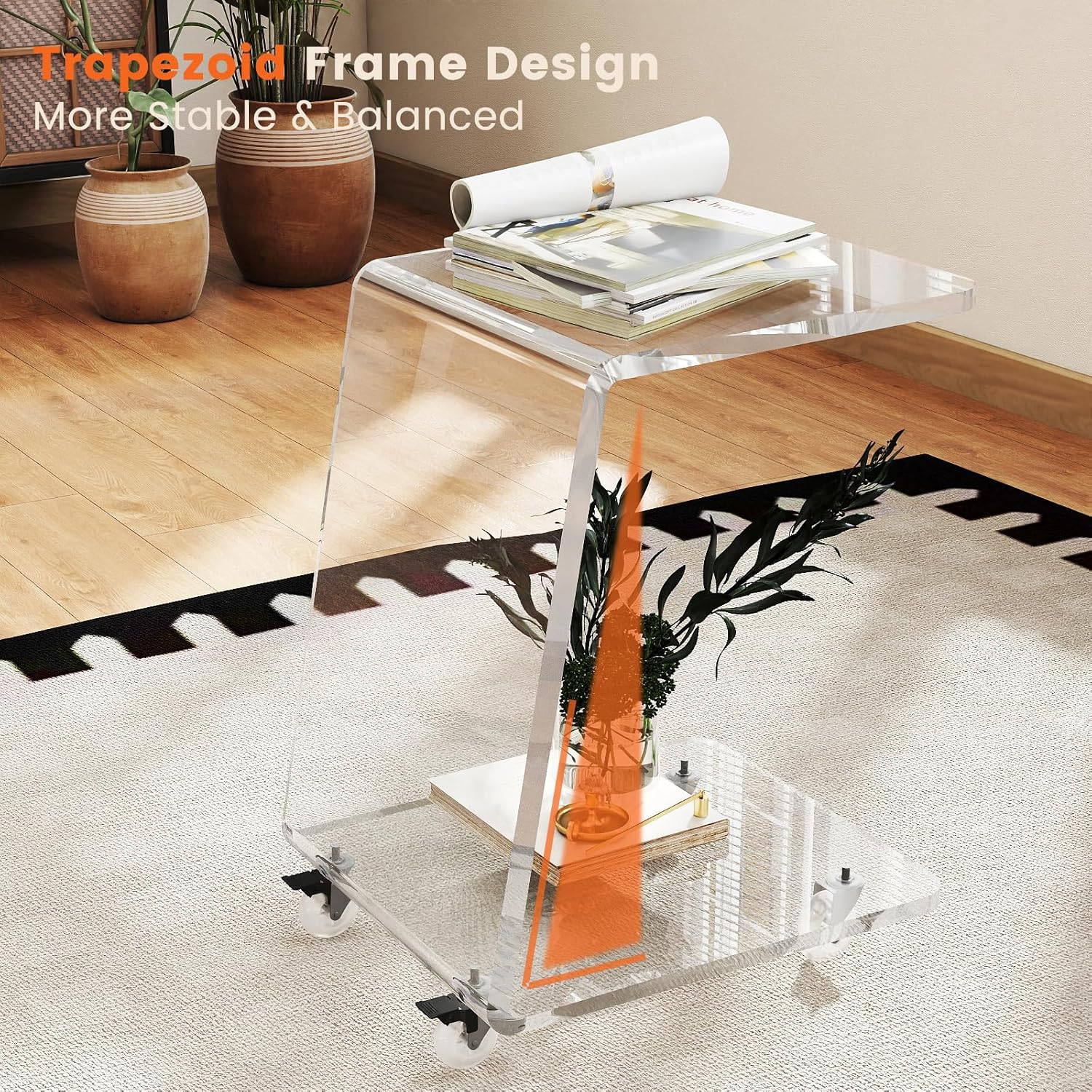 C Shaped Side Table for Sofa, Heavy Clear Acrylic Mobile End Table on Wheels, Modern Rolling Snack & Drink Use for Living Room & Bedroom, Space-Efficient Design with Sturdy Construction, 15mm Thick