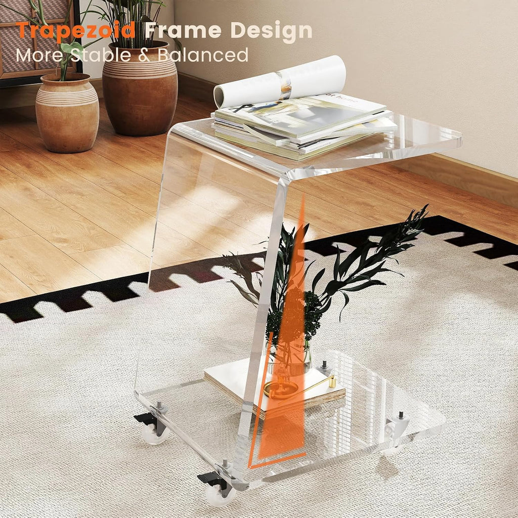 2-Pack C Shaped Side Table for Sofa, Heavy Clear Acrylic Mobile End Table on Wheels, Modern Rolling Snack & Drink for Living Room & Bedroom, Space-Efficient Design with Sturdy Construction, 15mm Thick
