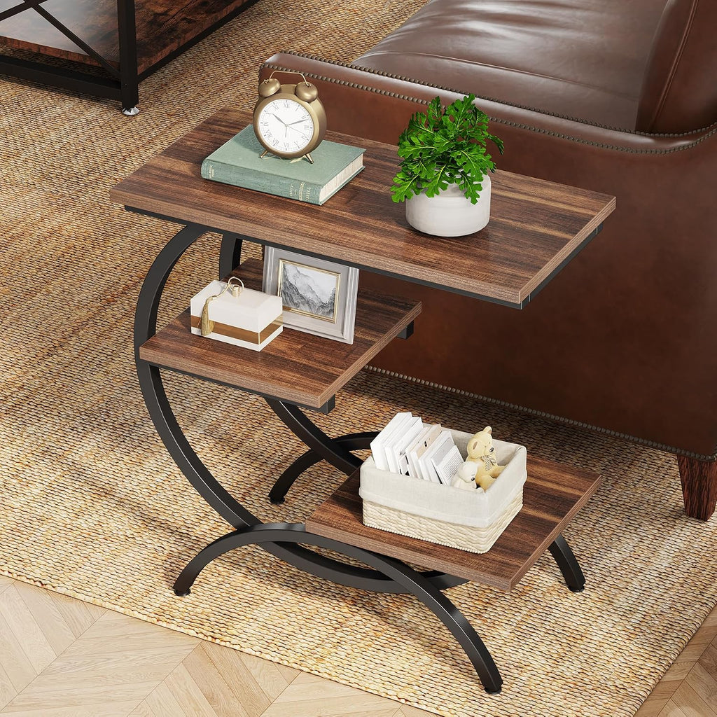 Tribesigns C-Shaped End Table Set of 2, Industrial 3-Tier Small Side Table for Couch, Wood Bedside Table Snack Side Table with Storage Shelves for Living Room Small Space, Rustic Brown
