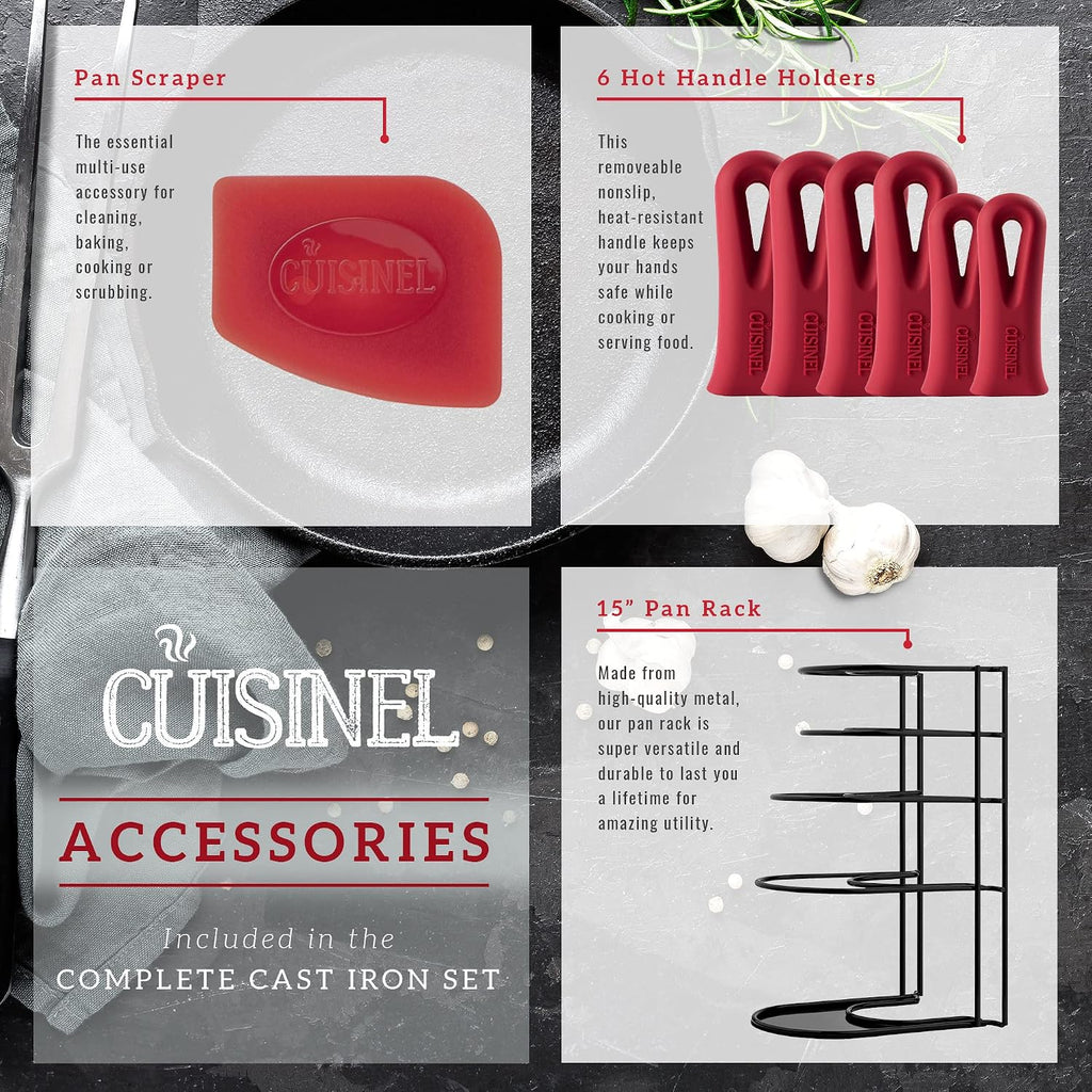 Cuisinel Cast Iron Cookware 18-Piece Set - Pre-Seasoned 6' + 8' + 10' + 12' Skillet + Grill Pan+Lid + Griddle + Pizza Pan + Dutch Oven+Pan Cover + Panrack + Silicone Handle Grips + Pan Scraper/Cleaner