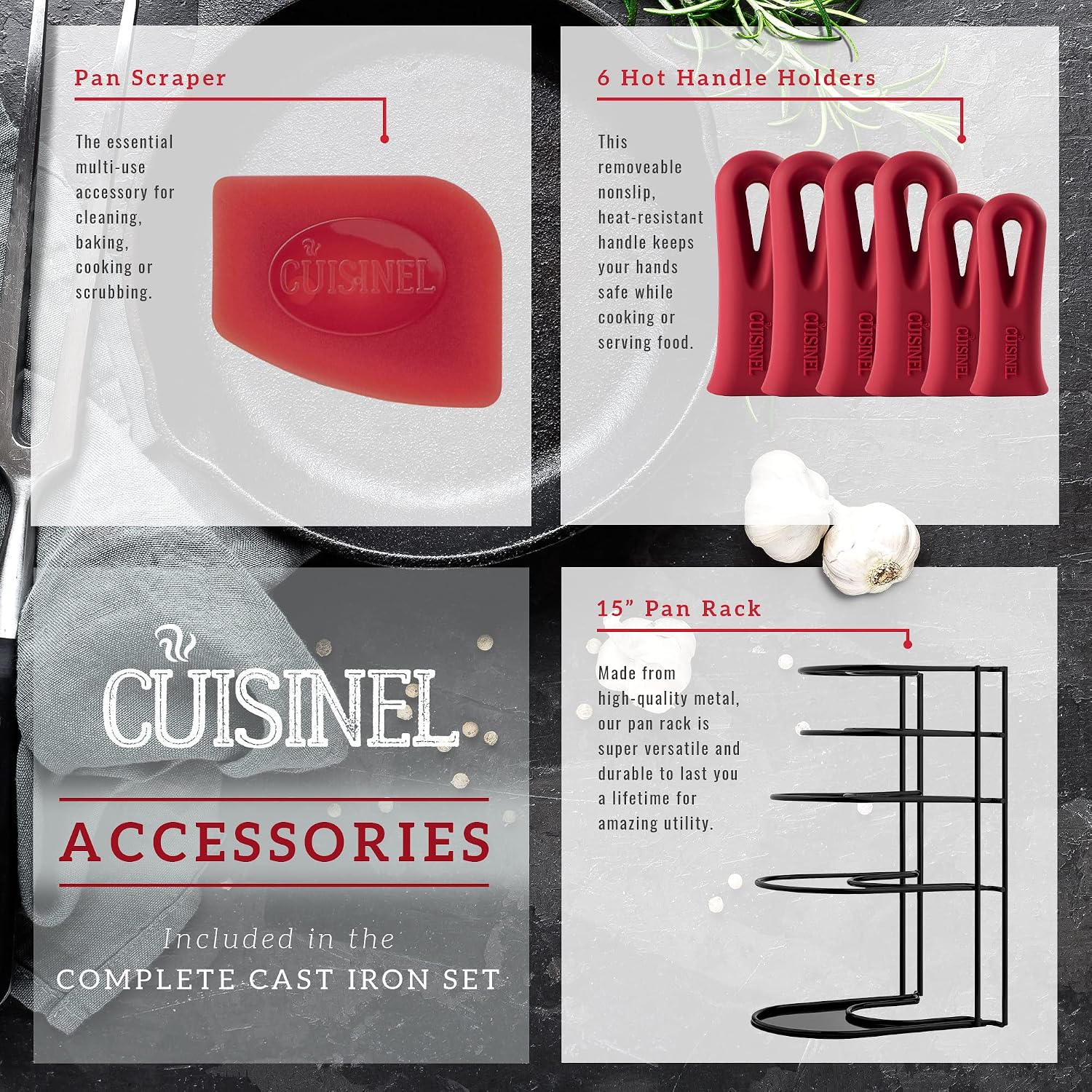Cuisinel Cast Iron Cookware 18-Piece Set - Pre-Seasoned 6' + 8' + 10' + 12' Skillet + Grill Pan+Lid + Griddle + Pizza Pan + Dutch Oven+Pan Cover + Panrack + Silicone Handle Grips + Pan Scraper/Cleaner