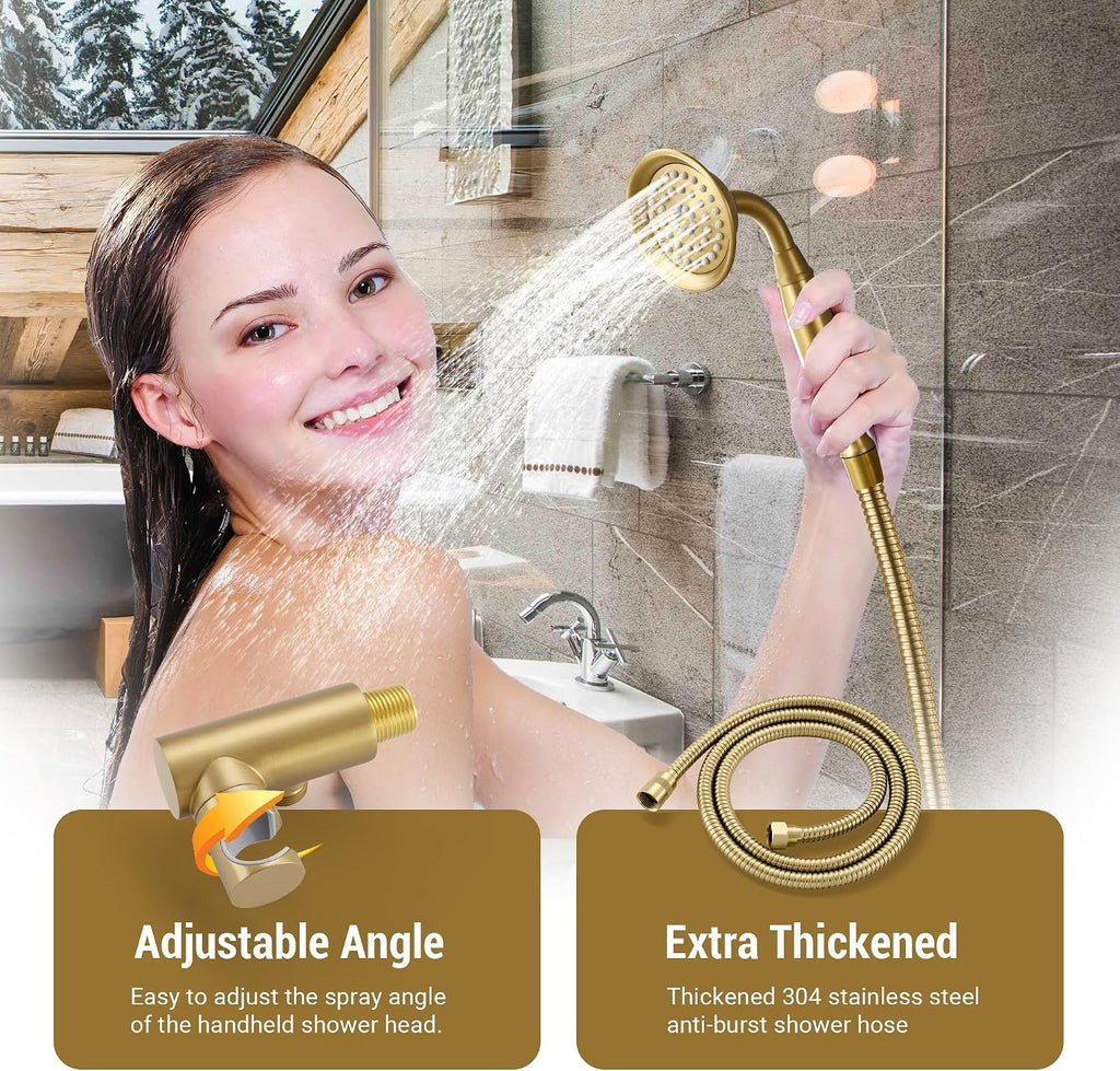 DASAN Brushed Gold Rain Shower System Complete Antique Shower Faucet Sets, Brushed Gold Shower Fixtures Combo with Pressure Balance Valve, Trim Kit, 9'' Rainfall Overhead Shower & Handheld, AT209W-BTG