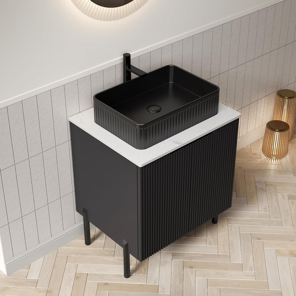 24' Bathroom Vanity with Sink, Modern Bathroom Vanities with 2 Soft-Closing Doors, Freestanding Bathroom Cabinet with Ceramic Basin & Carrara White Counter Top-Colmar, Black