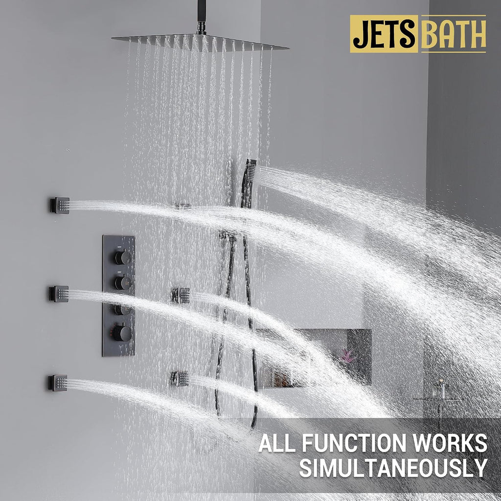Thermostatic Shower System with 6 Body Jets & 16-Inch Ceiling Rainfall Shower Head, Oil Rubbed Bronze Luxury Full Body Shower Faucet with Handheld Sprayer, Shower Fixtures Set with Valve