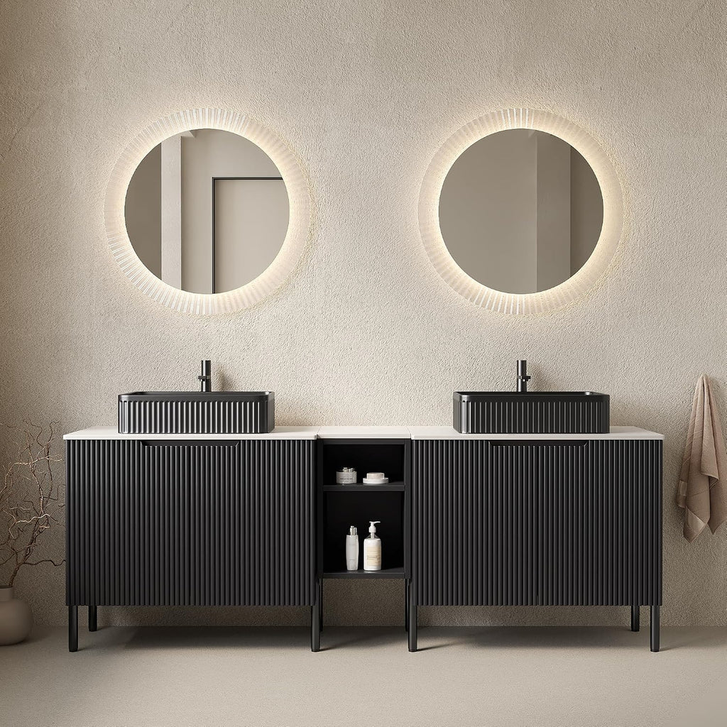 72' Bathroom Vanity with Sink, Modern Bathroom Vanities W/4 Soft-Closing Doors, Freestanding Bathroom Cabinet with Ceramic Basin and Carrara White Sintered Stone Counter Top-Colmar, Black