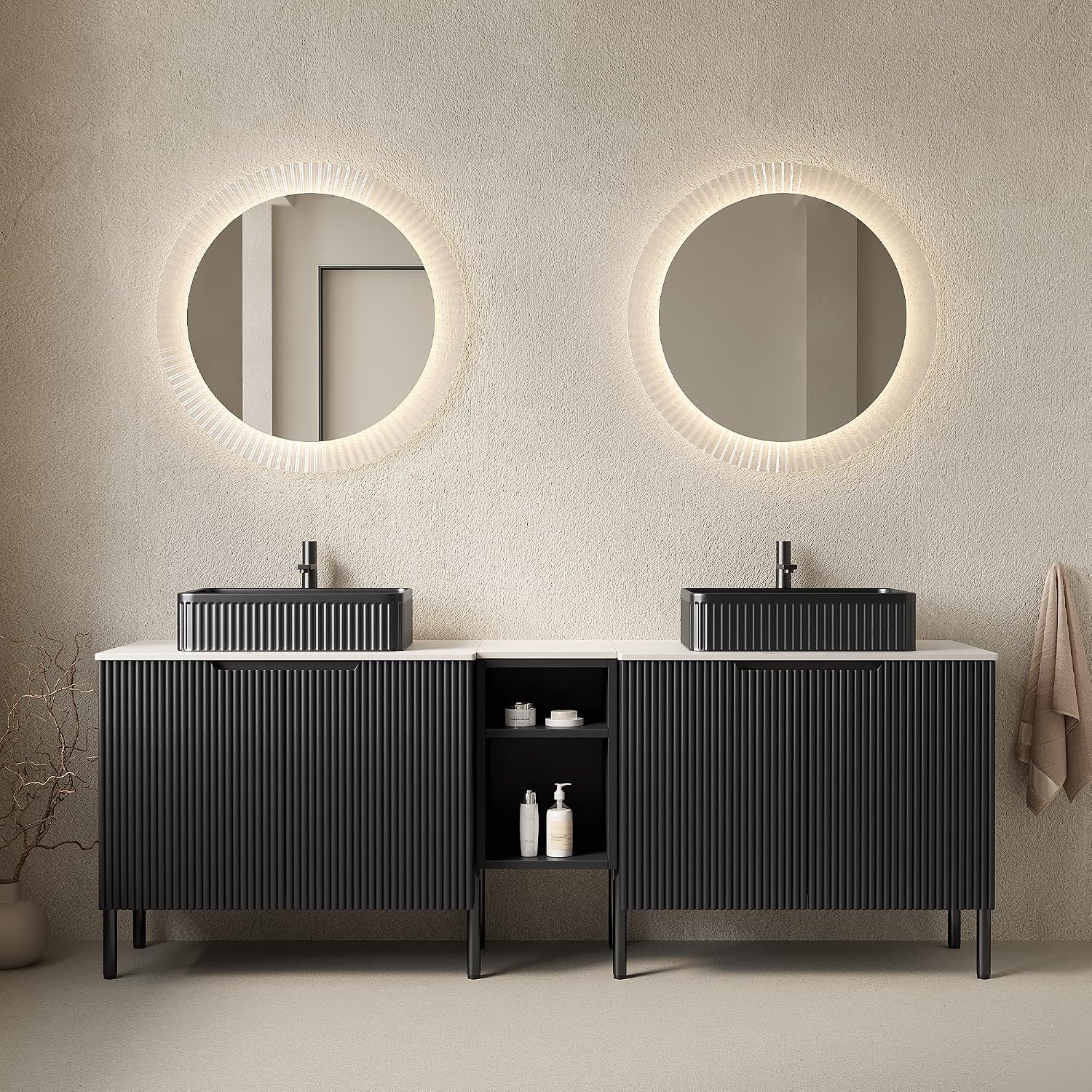 72' Bathroom Vanity with Sink, Modern Bathroom Vanities W/4 Soft-Closing Doors, Freestanding Bathroom Cabinet with Ceramic Basin and Carrara White Sintered Stone Counter Top-Colmar, Black