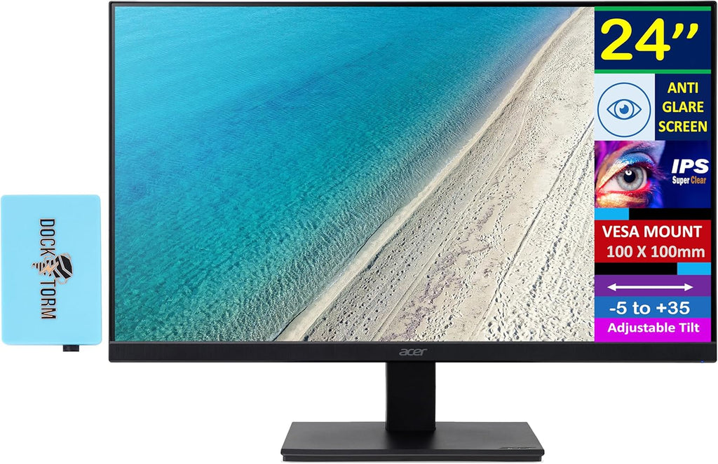 acer 24' FHD IPS Monitor with 4 ms Response Time, Anti-Glare, Adaptive Sync, Integrated Speakers, VESA Mount (100x100mm) & Dockztorm USB Port Expander, VGA, HDMI, Black Color