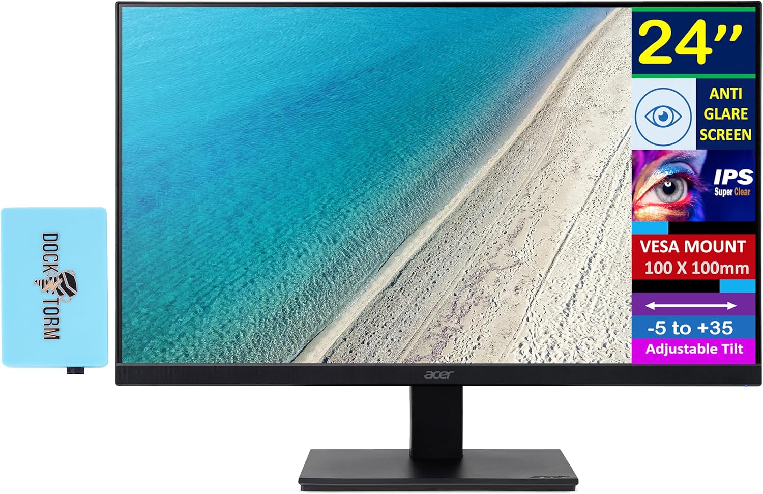 acer 24' FHD IPS Monitor with 4 ms Response Time, Anti-Glare, Adaptive Sync, Integrated Speakers, VESA Mount (100x100mm) & Dockztorm USB Port Expander, VGA, HDMI, Black Color
