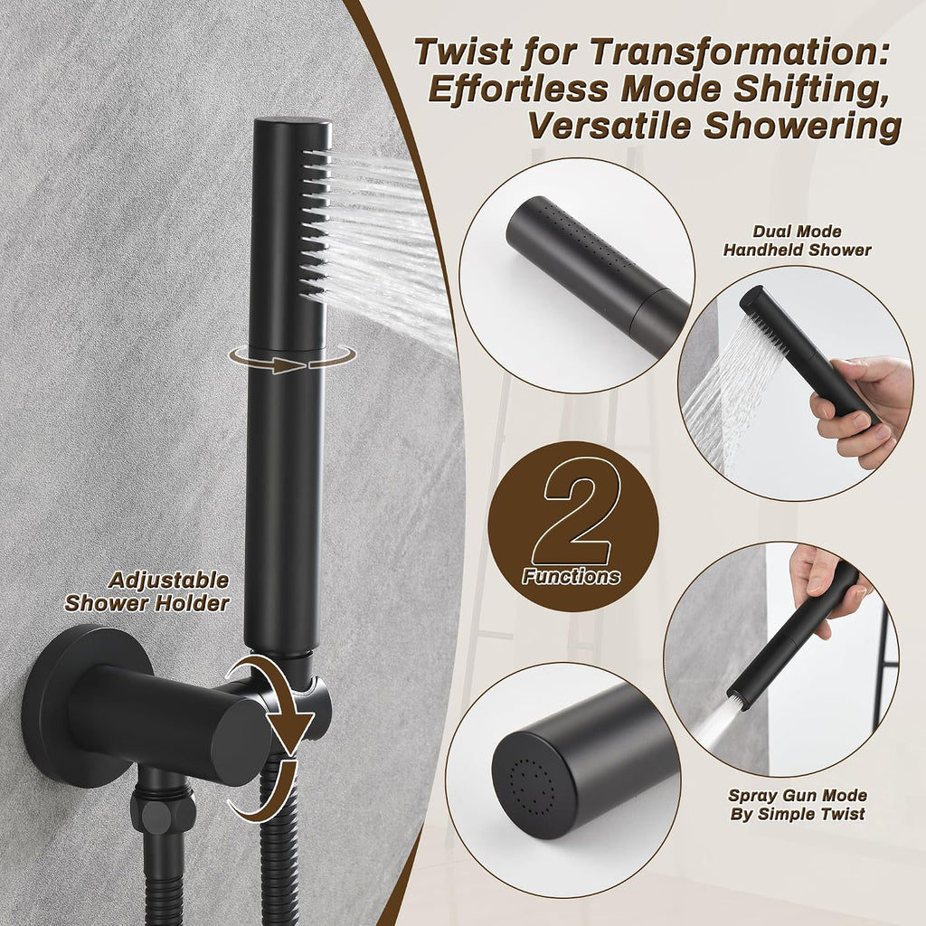 3 Functions Shower System with Tub Spout, 10' Round Wall Mounted Rain Shower System, High-Pressure Shower Head with 2 Modes Handheld Spray, Matte Black Shower Head System