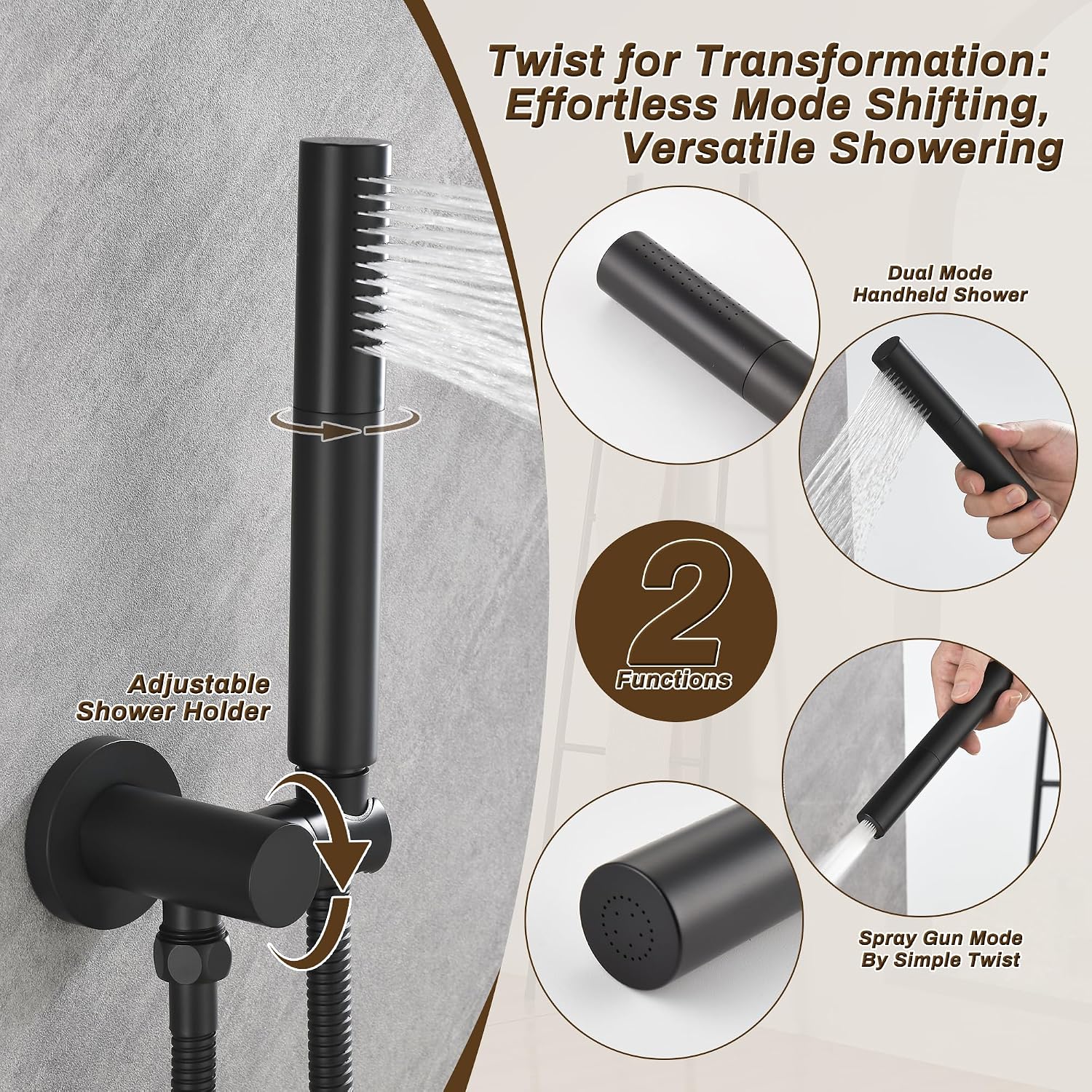 3 Functions Shower System with Tub Spout, 10' Round Wall Mounted Rain Shower System, High-Pressure Shower Head with 2 Modes Handheld Spray, Matte Black Shower Head System