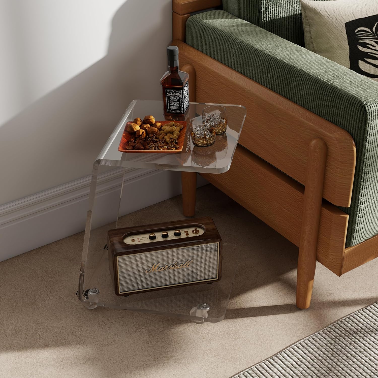 C Shaped Side Table for Sofa, Heavy Clear Acrylic Mobile End Table on Wheels, Modern Rolling Snack & Drink Use for Living Room & Bedroom, Space-Efficient Design with Sturdy Construction, 15mm Thick