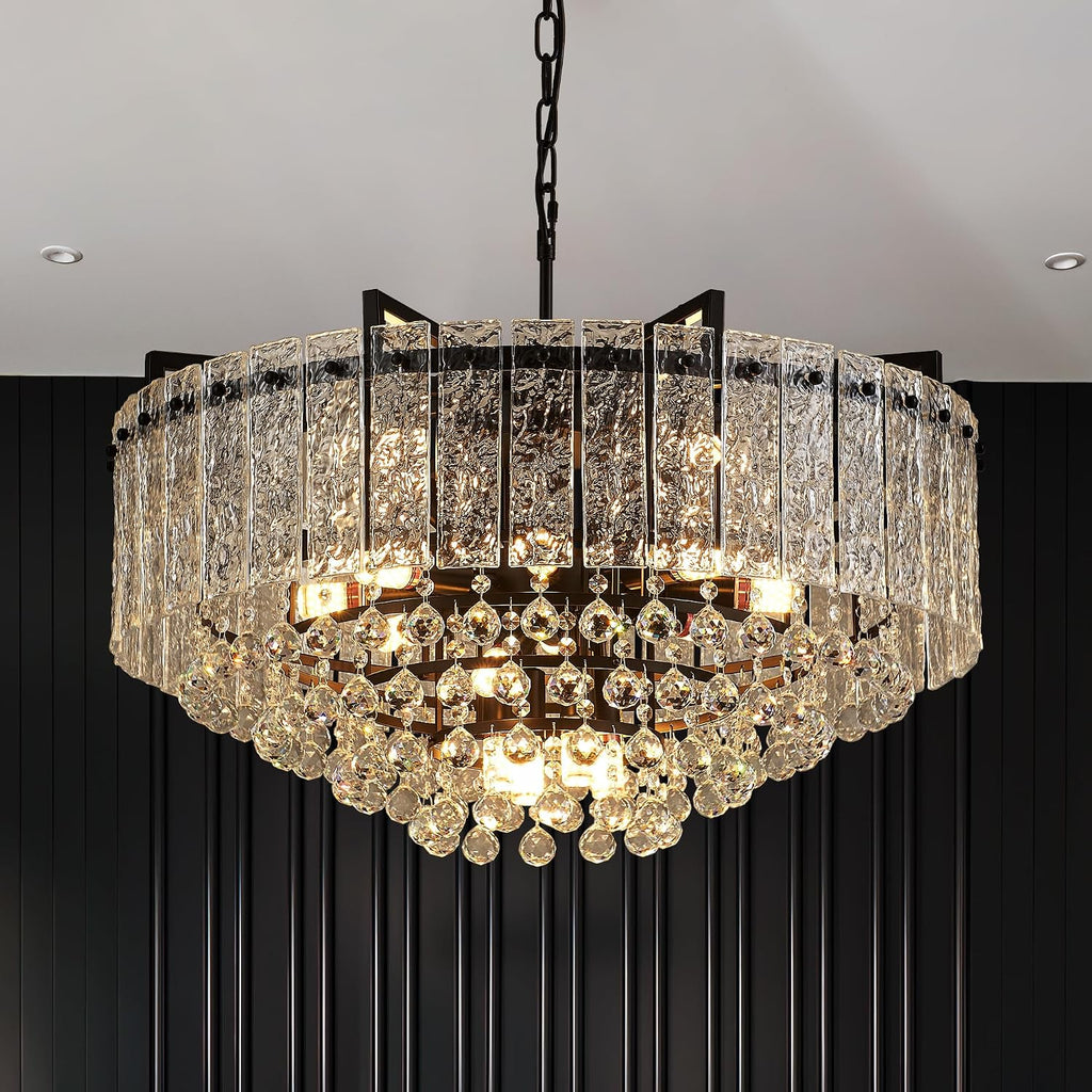 29.2' 16-Light Modern Glass Chandelier Light Fixtures Large Black 4-Tier Crystal Beads Chandeliers for Dining Room Round Hanging Ceiling Pendant Lighting for Bedroom Entryway Foyer Stairway