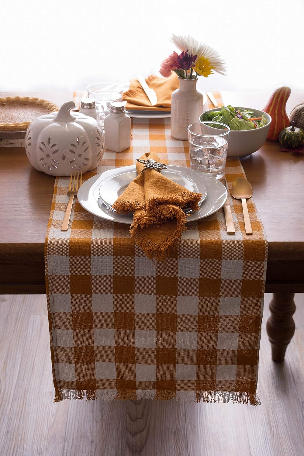 DII Heavyweight Fringed Check Tabletop Collection, Table Runner, 14x108, Pumpkin Spice (Pack of 12)