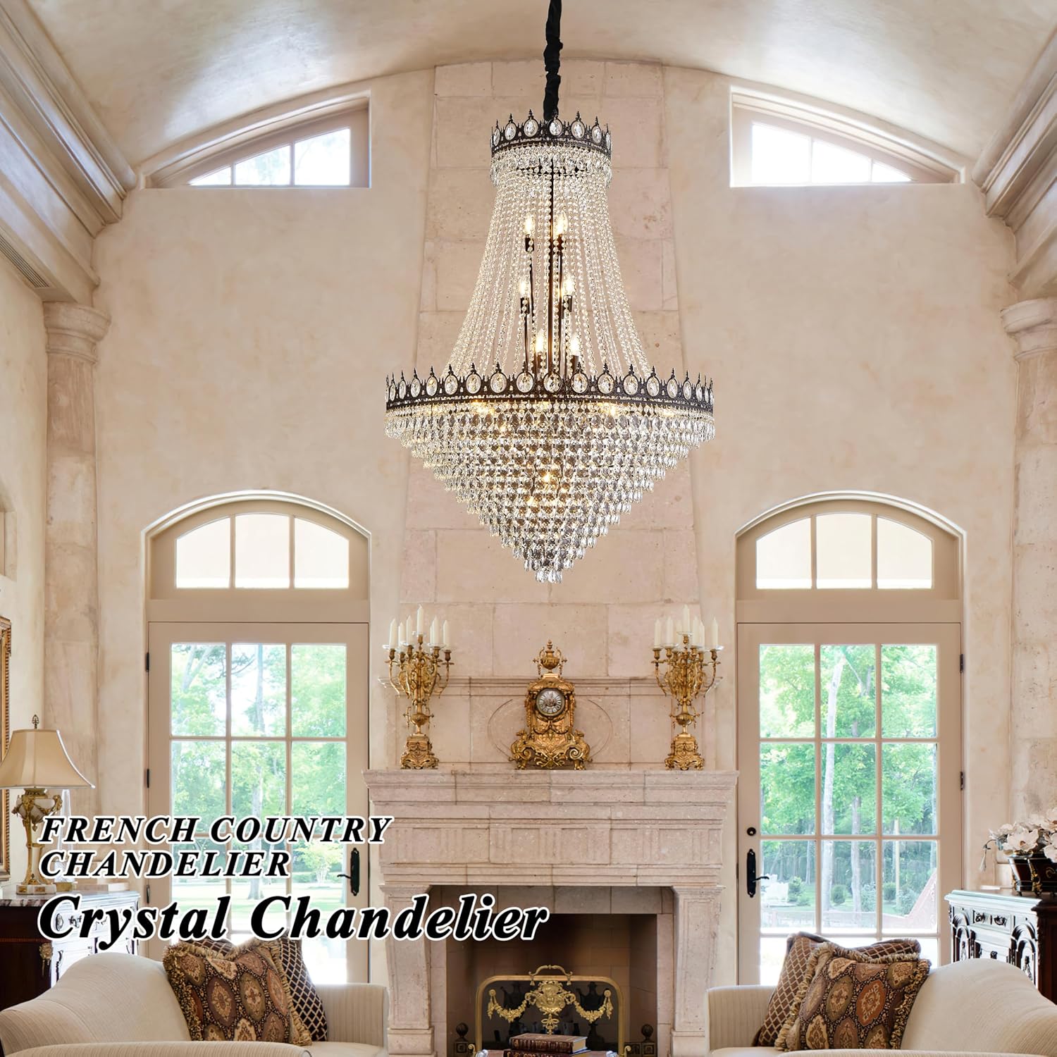 KoKo&Yukina 32' French Empire Crystals Chandelier 26 Light Black Crystal Chandeliers Modern Black Crystal Chandelier Round Large High Ceiling Sloped Hanging Light Fixtures for Hallway Staircase