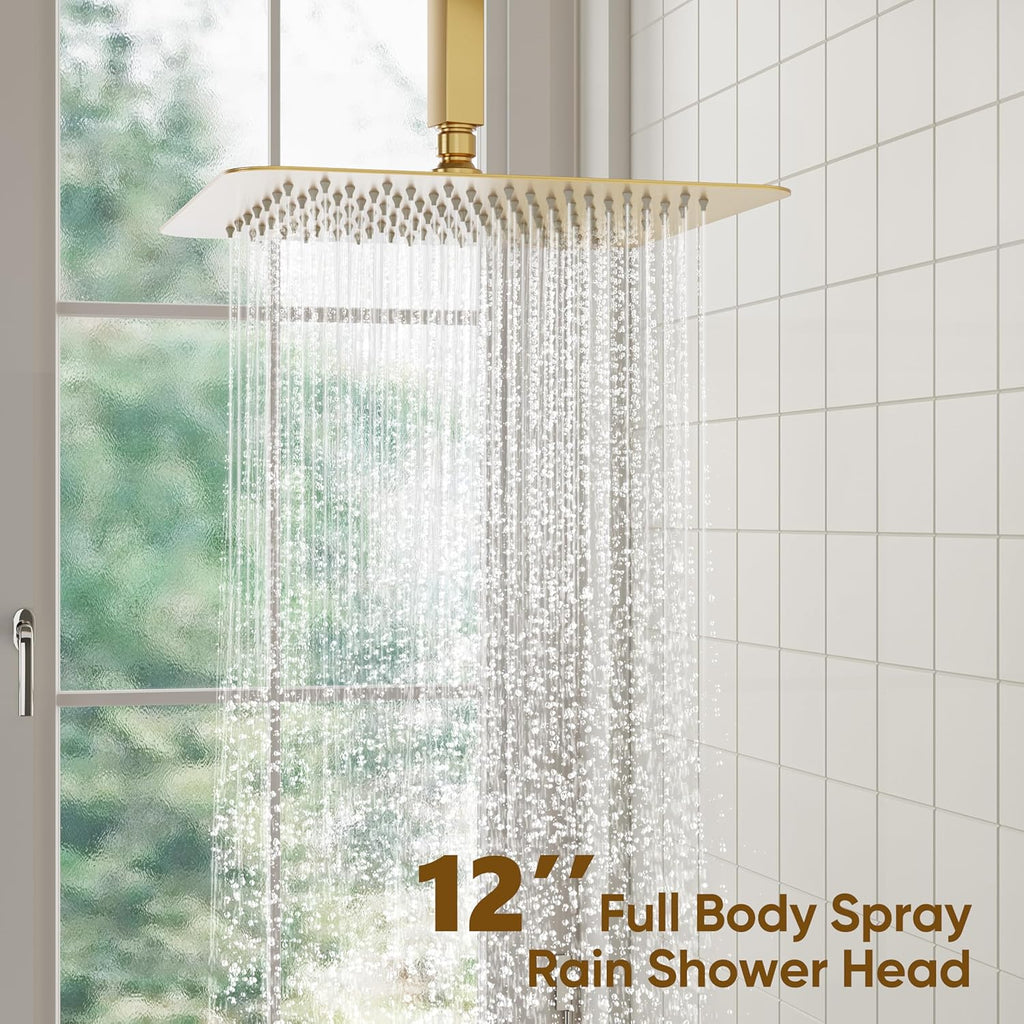 ESNBIA Gold Shower Head System, All Metal 12 Inches Ceiling Shower Faucet Set with Valve, Rain Shower Head with Handheld Spray Combo, Brushed Gold
