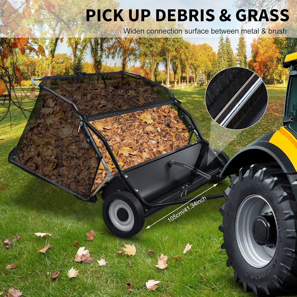 44 Inch Tow Behind Lawn Sweeper - Heavy Duty Adjustable Height Pull Behind Lawn Sweeper, 25Cu Ft Large Capacity Leaf & Grass Collector Hopper for Yard, Lawn, Farm Cleanup Tool