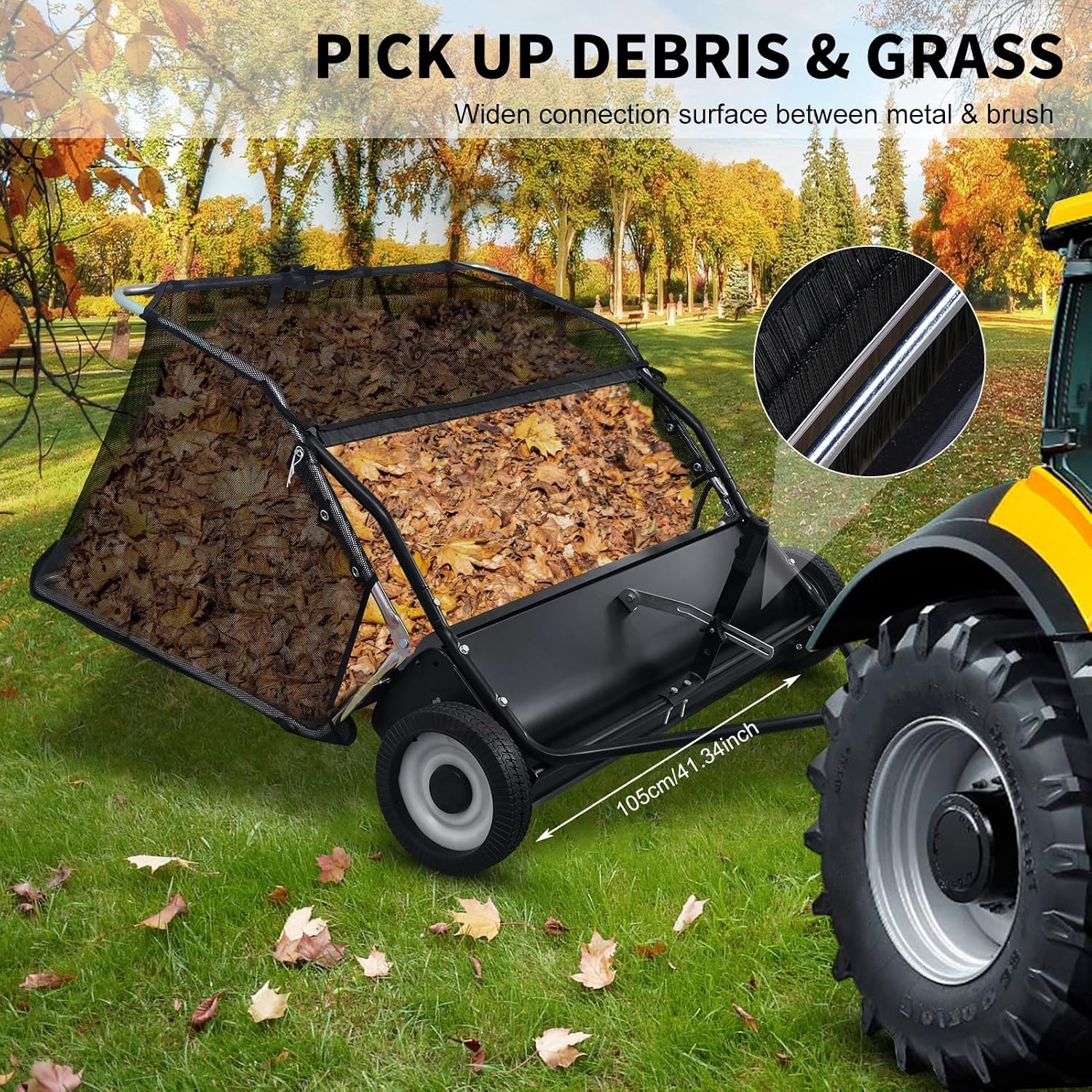44 Inch Tow Behind Lawn Sweeper - Heavy Duty Adjustable Height Pull Behind Lawn Sweeper, 25Cu Ft Large Capacity Leaf & Grass Collector Hopper for Yard, Lawn, Farm Cleanup Tool