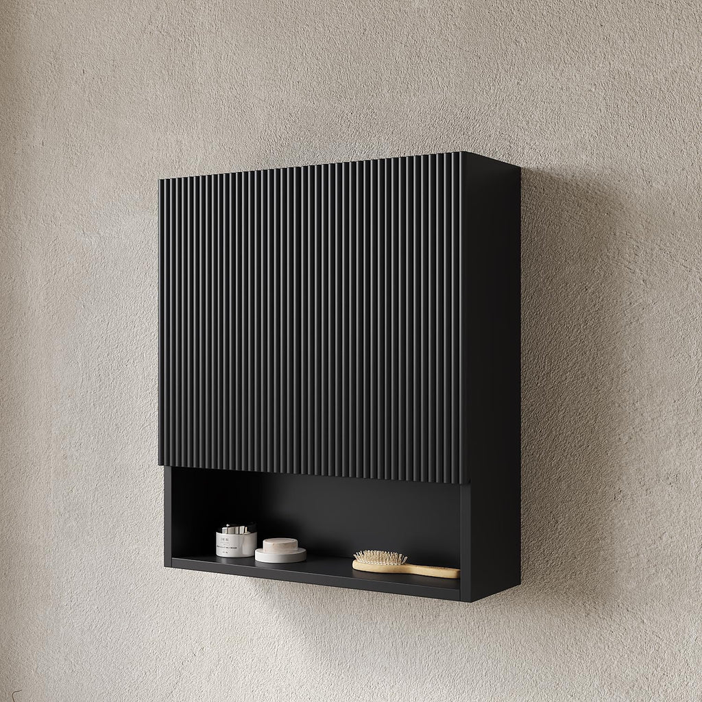 26' Wall-Mounted Striped Bathroom Cabinet, with Doors, Shelf and Open Storage Compartment Over The Toilet Storage Cabinet for Bathroom, Kitchen, Laundry Room, Black