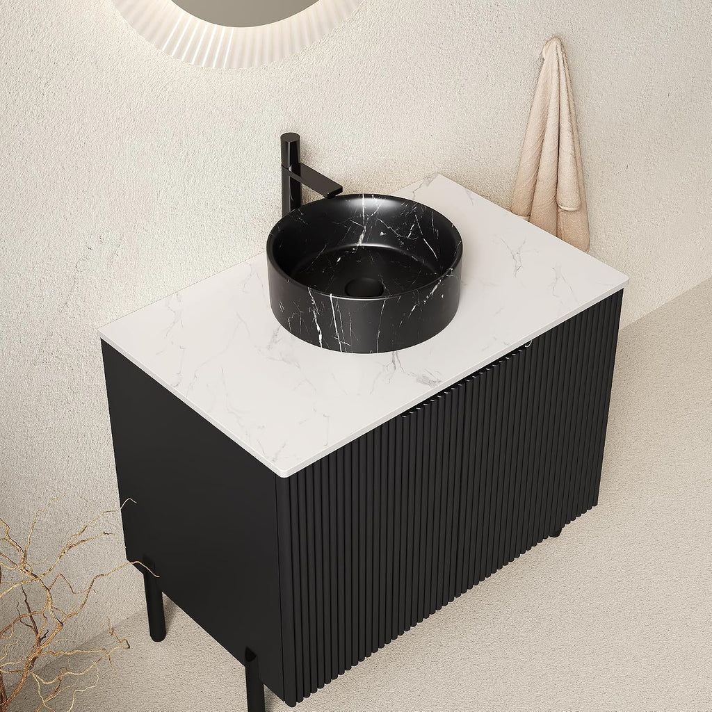 30' Bathroom Vanity with Sink, Modern Bathroom Vanities with 2 Soft-Closing Doors, Freestanding Bathroom Cabinet with Ceramic Basin and Carrara White Sintered Stone Counter Top-Colmar, Black/N