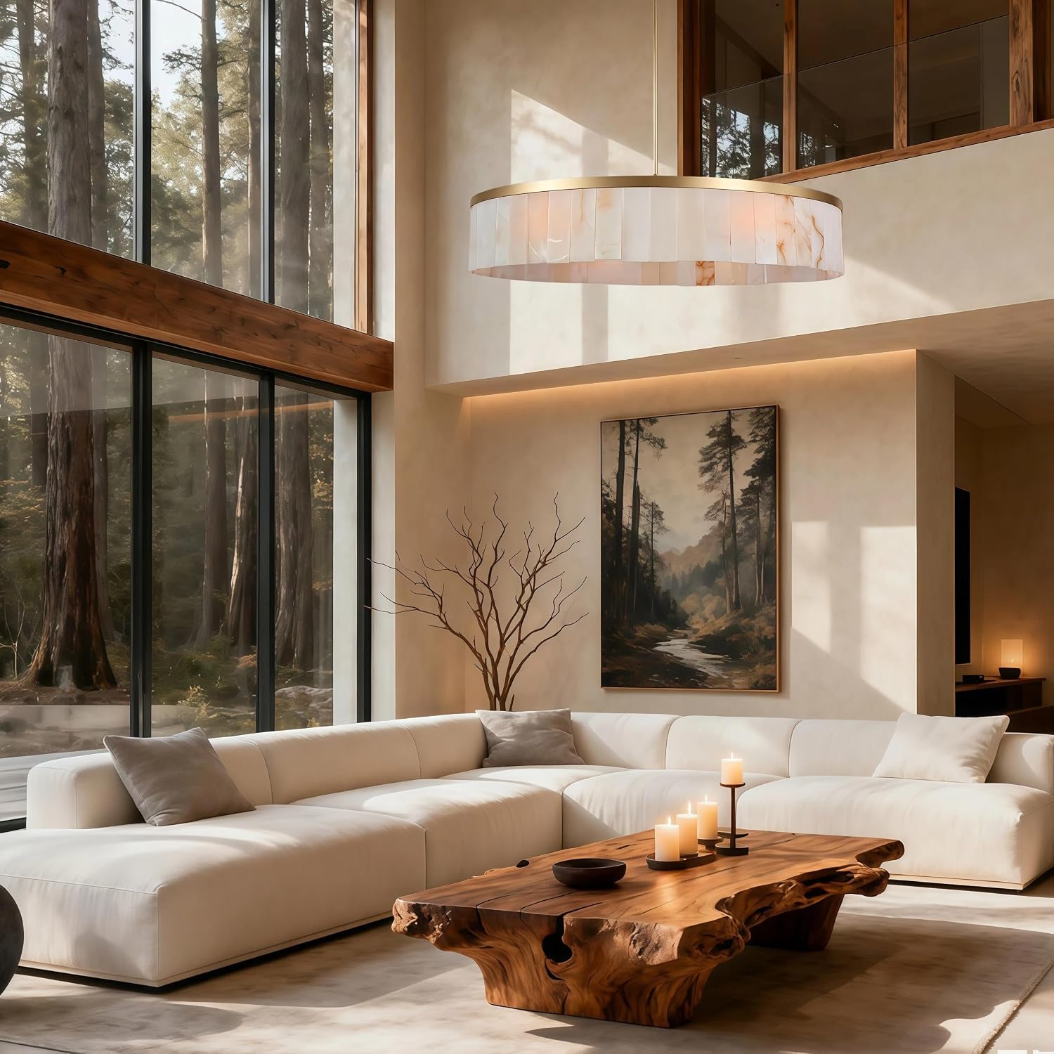 42' Luxury Alabaster Chandelier, Natural Marble Round Pendant Light Large Drum Pendant Chandelier, Large Modern Stone Hanging Fixture for High Ceiling Living Room Dining Room Foyer Entryway (Brass)