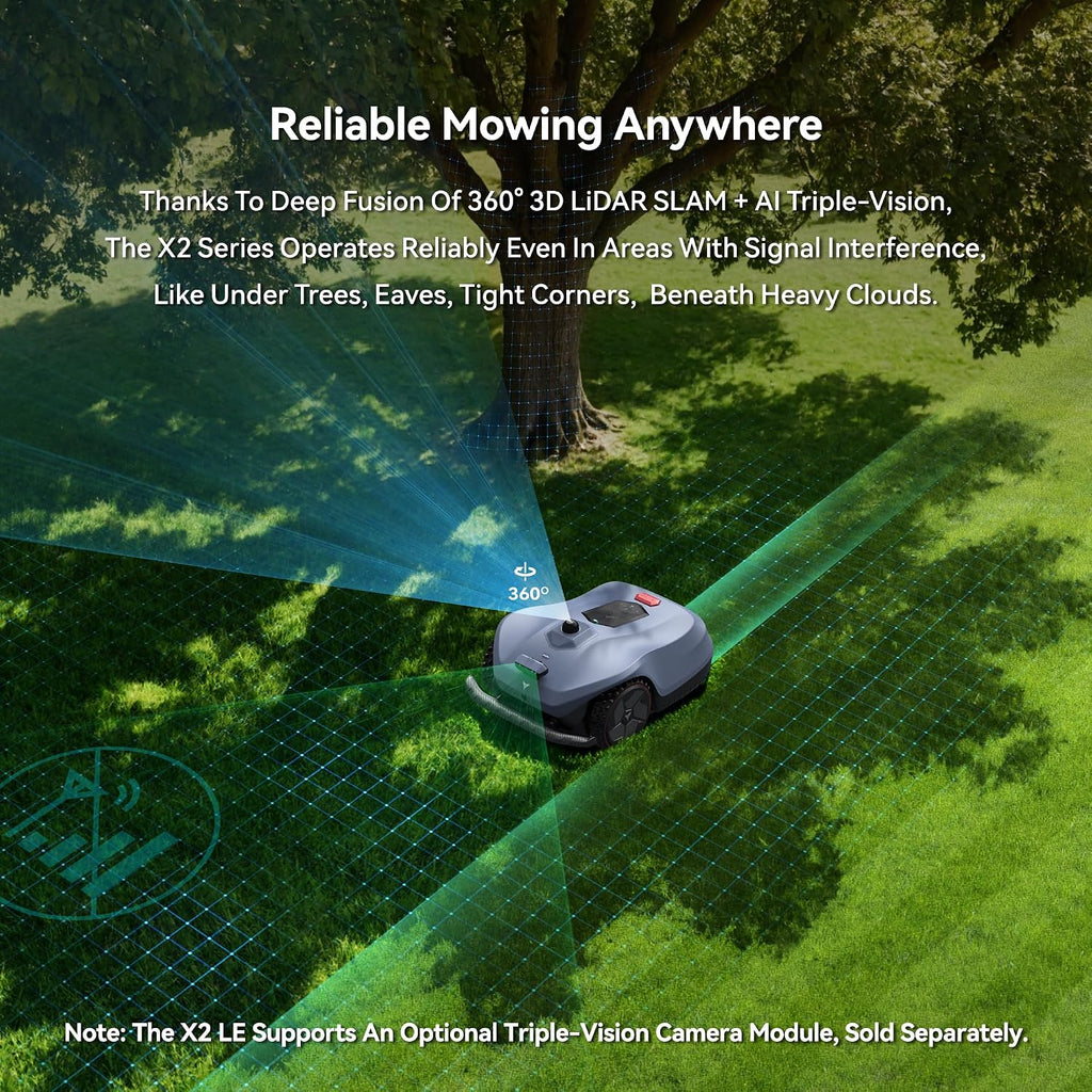 Neomow X2 LE 360° 3D LiDAR Robot Lawn Mower, Wire Free for 0.37 Acre, No RTK Antenna, 4G App Control, GPS Anti-Theft, 13Ah, IPX6, Support Upgrade AI Bionic Triple Vision Module for Auto-Mapping