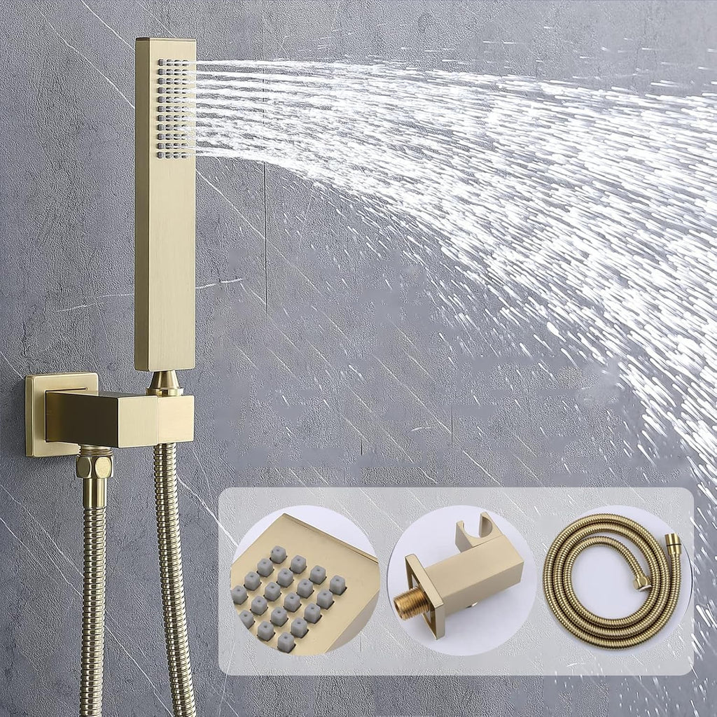 Tempreature Display Shower System Brushed Gold Shower Faucet Set with Wall Mount 8 inch Shower Head and 6 PCS Body Jet, Handheld Spray