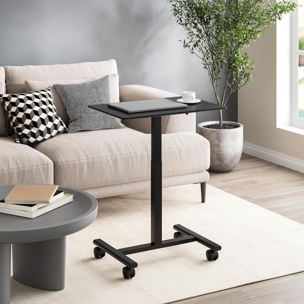 Seville Classics Airlift Height Adjustable Pneumatic Laptop Sit Stand Desk Mobile Rolling Cart, Computer Workstation for Home Office, Classroom, Black, 25.6' Desktop