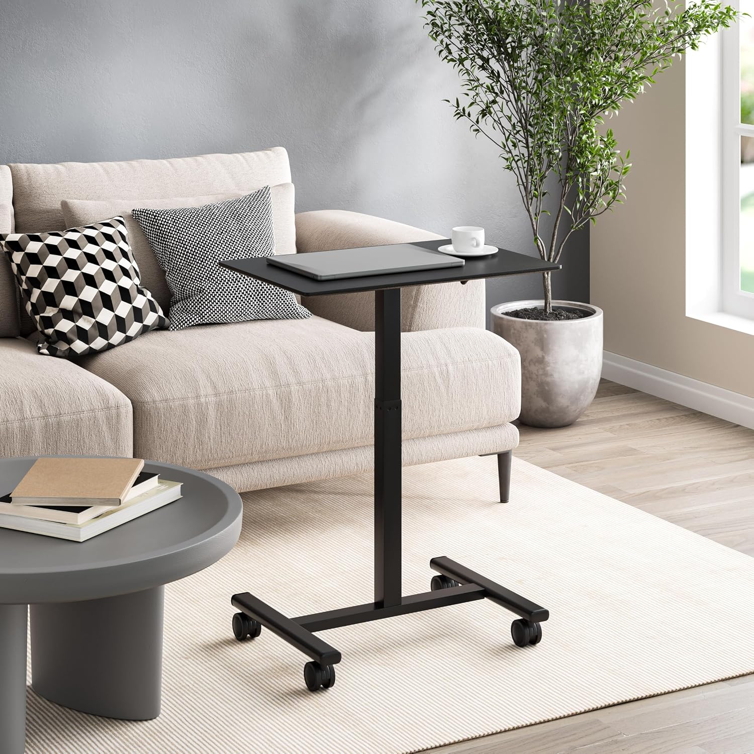 Seville Classics Airlift Height Adjustable Pneumatic Laptop Sit Stand Desk Mobile Rolling Cart, Computer Workstation for Home Office, Classroom, Black, 25.6' Desktop