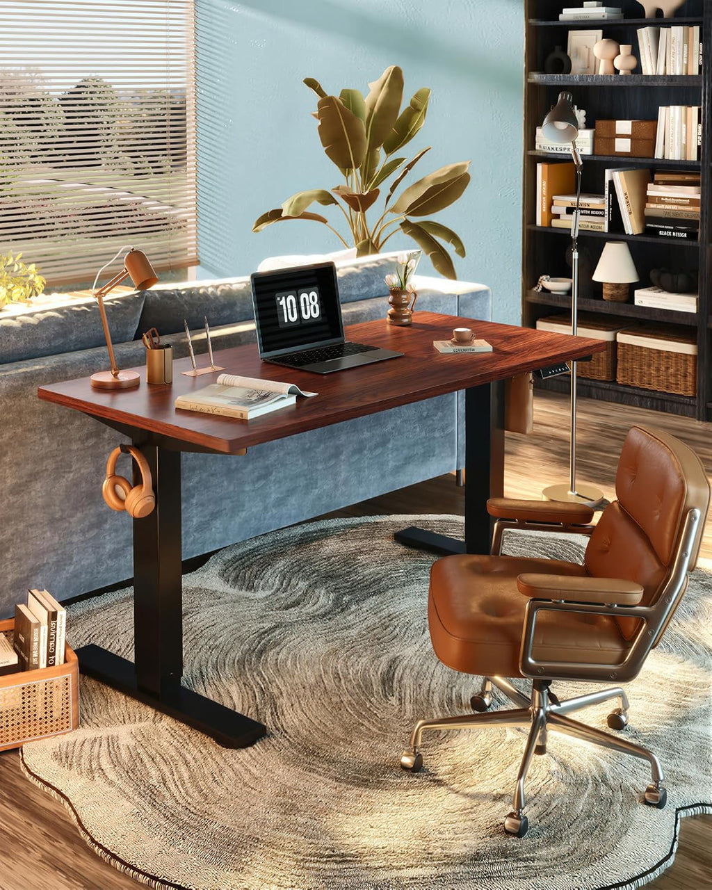 FLEXISPOT EN1 One-Piece Standing Desk, Electric Adjustable with 4 Memory Presets, 176 LBS Capacity, Stable & Quiet, Seamless Desktop for Home Office & Dual Monitors, 55'x28' Mahogany