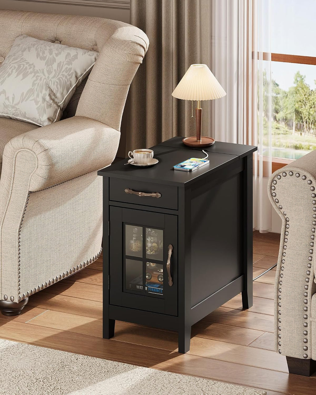 WLIVE End Table with Charging Station, Narrow Side Table for Living Room, Farmhouse Night Stand with Storage, Small Wooden Cabinet Nightstand with USB Ports and Outlets, 23.7' D x 13.78' W x 23.7' H