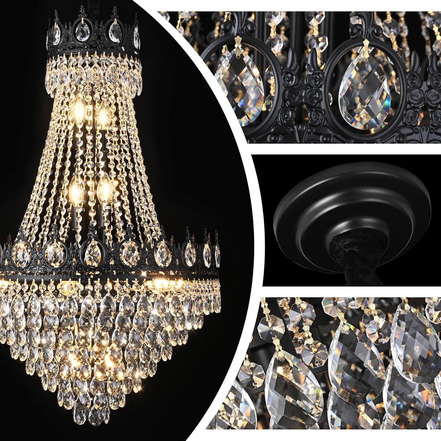 KoKo&Yukina Black 23.6' French Empire Crystal Chandelier - 14 Lights K9 Modern Farmhouse Adjustable Hanging Light for Living Room, Dining Room, Bedroom