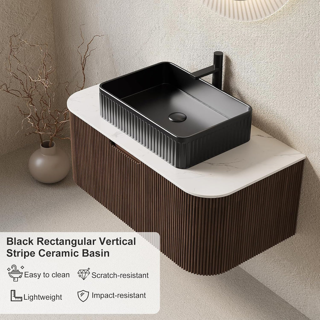 30 inch Floating Bathroom Vanity with Sink, Natural Solid Wood Modern Bathroom Vanities with Ultra-Thin Ceramic Basin and Marble Top, Soft-Close Drawer, Pre-Assembled, Walnut with Black