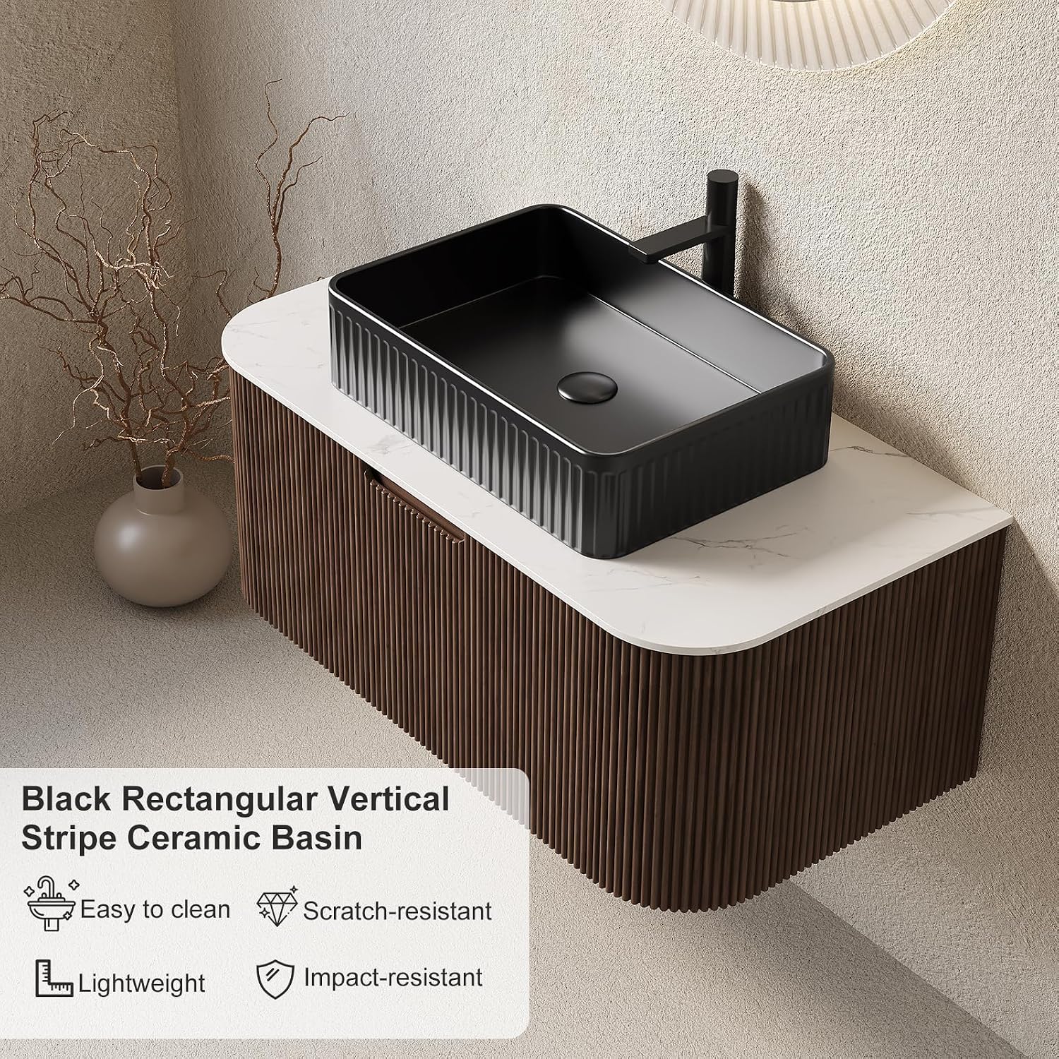 30 inch Floating Bathroom Vanity with Sink, Natural Solid Wood Modern Bathroom Vanities with Ultra-Thin Ceramic Basin and Marble Top, Soft-Close Drawer, Pre-Assembled, Walnut with Black