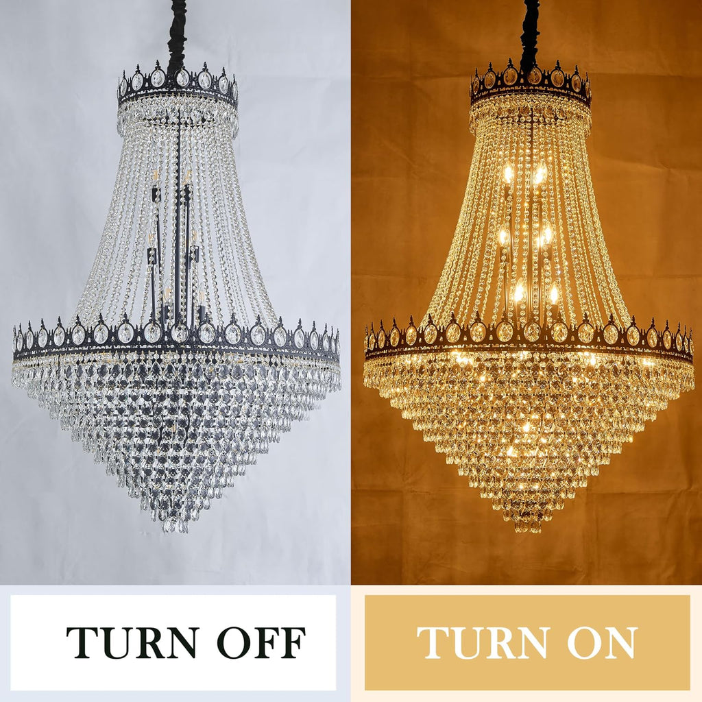 KoKo&Yukina 32' French Empire Crystals Chandelier 26 Light Black Crystal Chandeliers Modern Black Crystal Chandelier Round Large High Ceiling Sloped Hanging Light Fixtures for Hallway Staircase